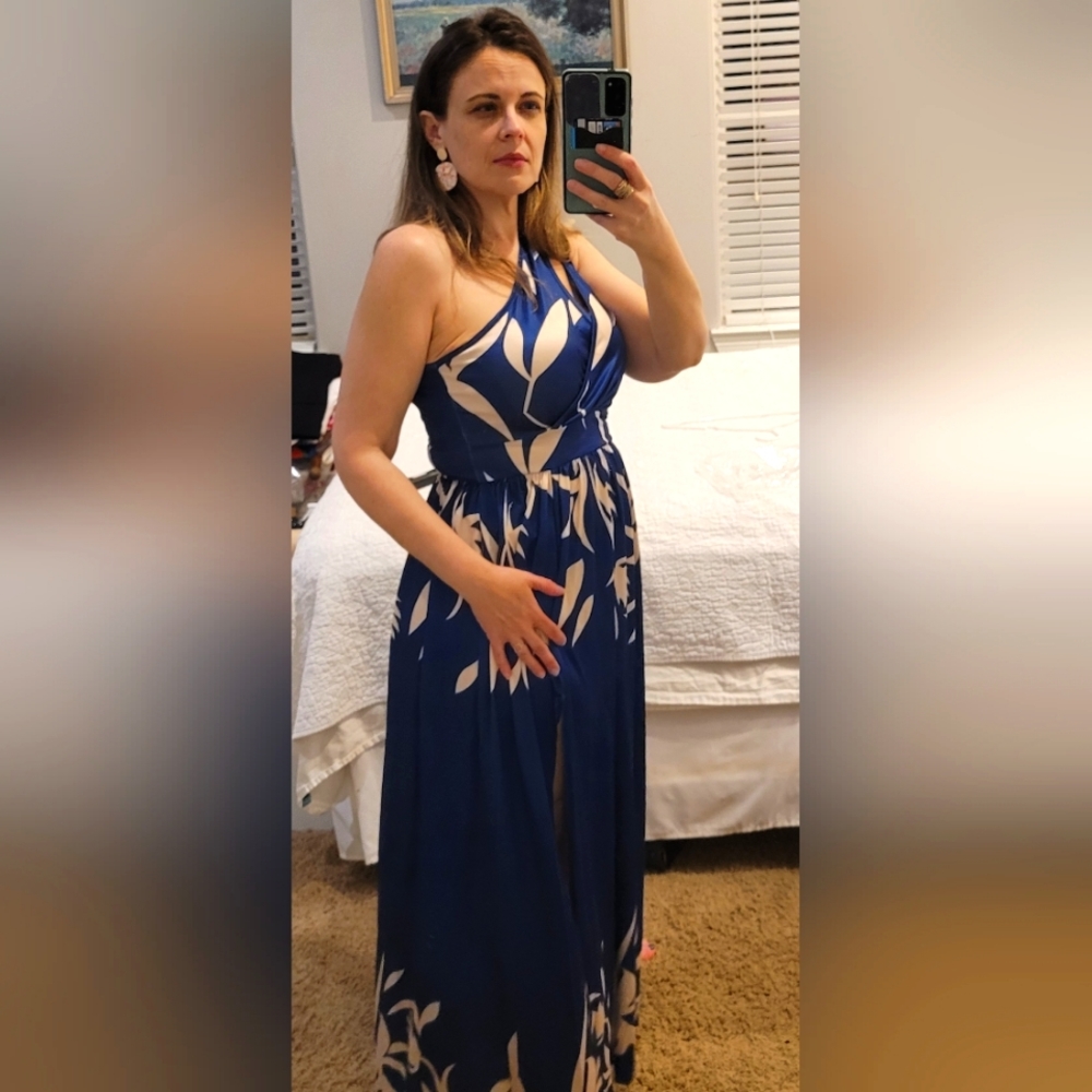 One shoulder blue & white summer botanical maxi dress fits Med-Large